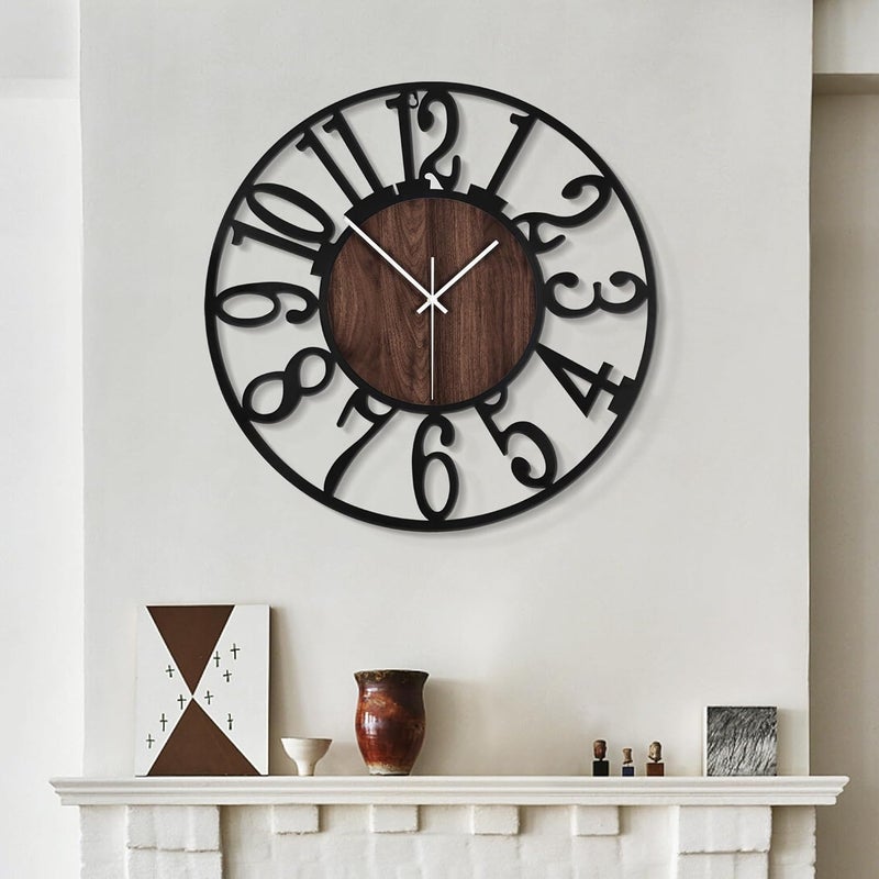 LEIKE Large Wall Clocks,Silent,Non Ticking,Battery Operated Small Vintage Round Modern Wood Wall Clock for Living Room, Bedroom,Kitchen,Farmhouse,Office Decor-13.5 Inch(Black-Arabic Number) - Image 1